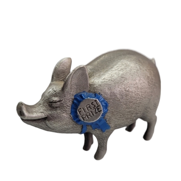 Pewter Pig Proudly Wearing His First Prize Blue Ribbon Approx 1.75"L x .75"W - Picture 2 of 9